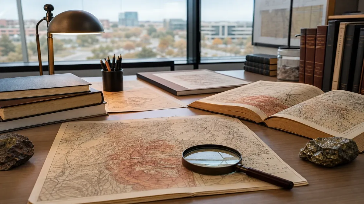 Mining heritage editorial research scene with industrial history maps